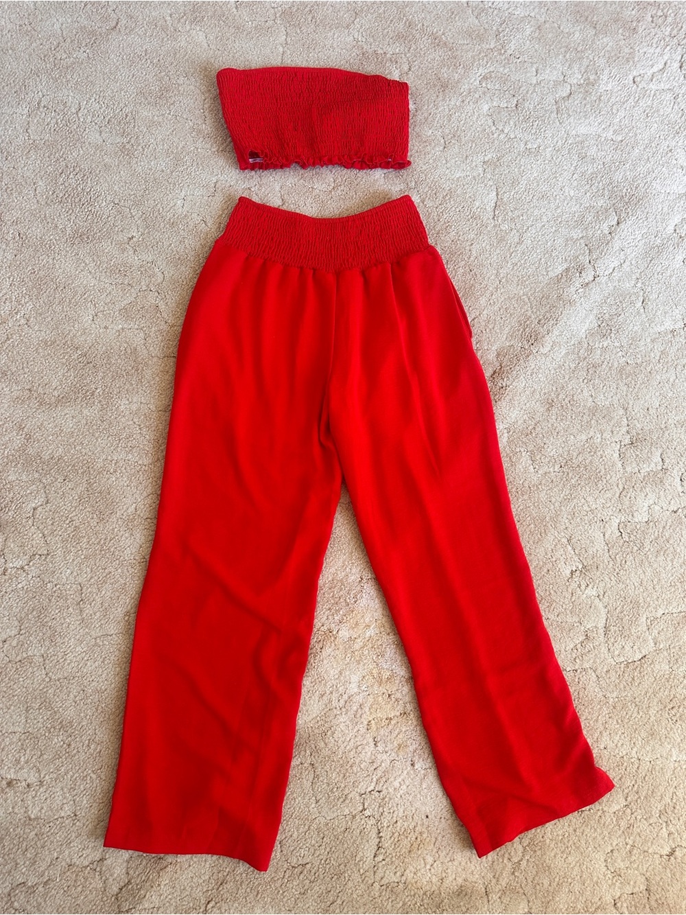 Red Smocked Tube Top & Wide Leg Pants Set- Small